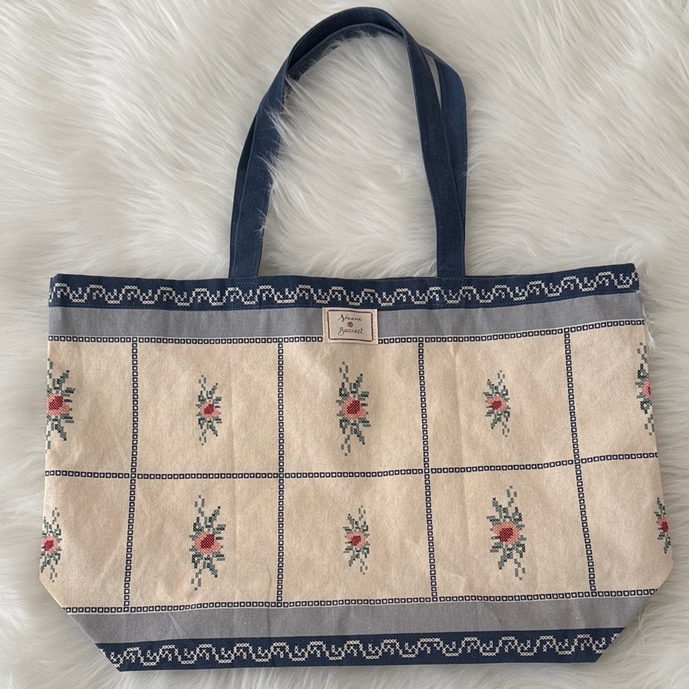 Brand New Sezane Blue and Cream Embroidered Tote Baziszt Collaboration